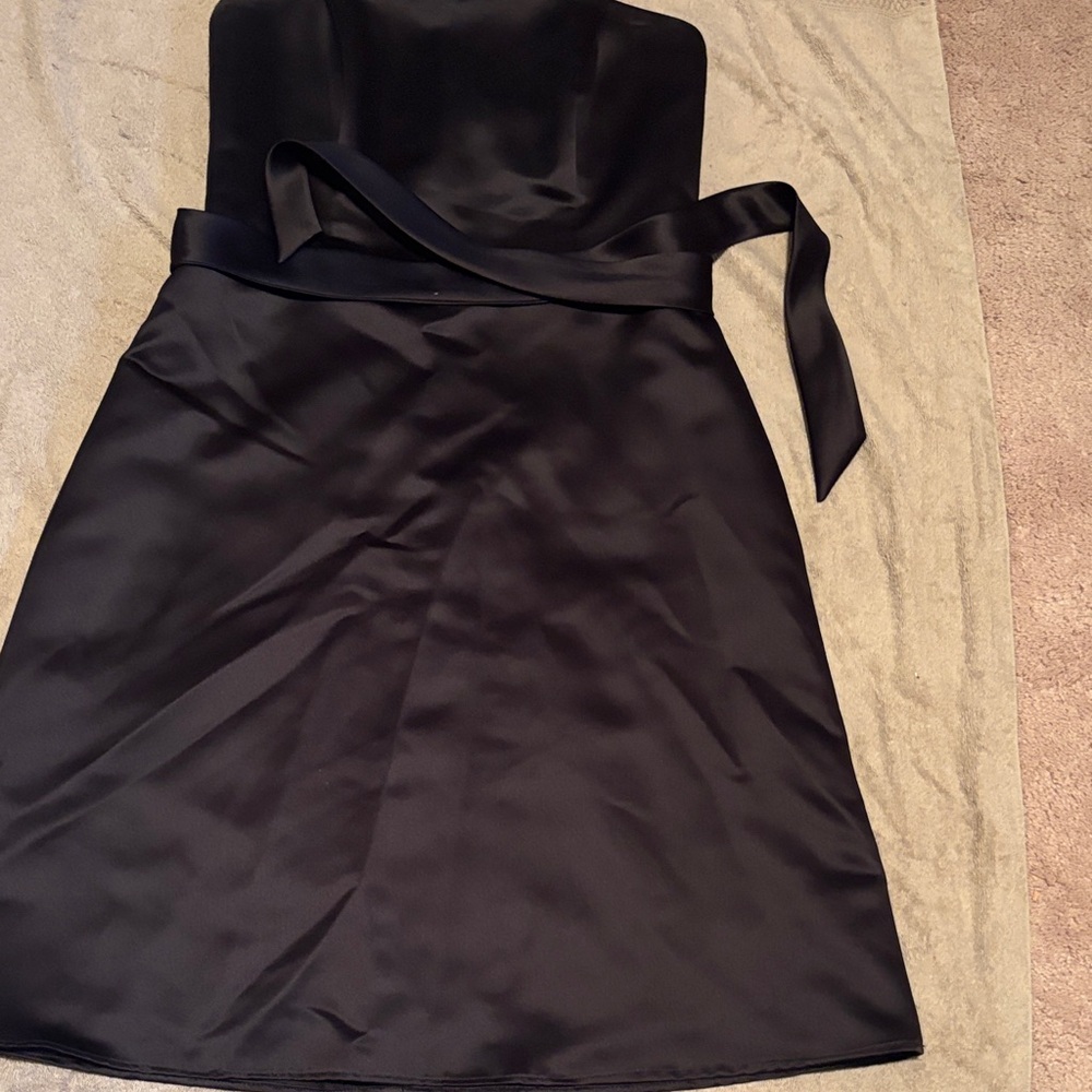ALFRED SUNG Black Strapless Satin A-Line Dress with Waist Sash
